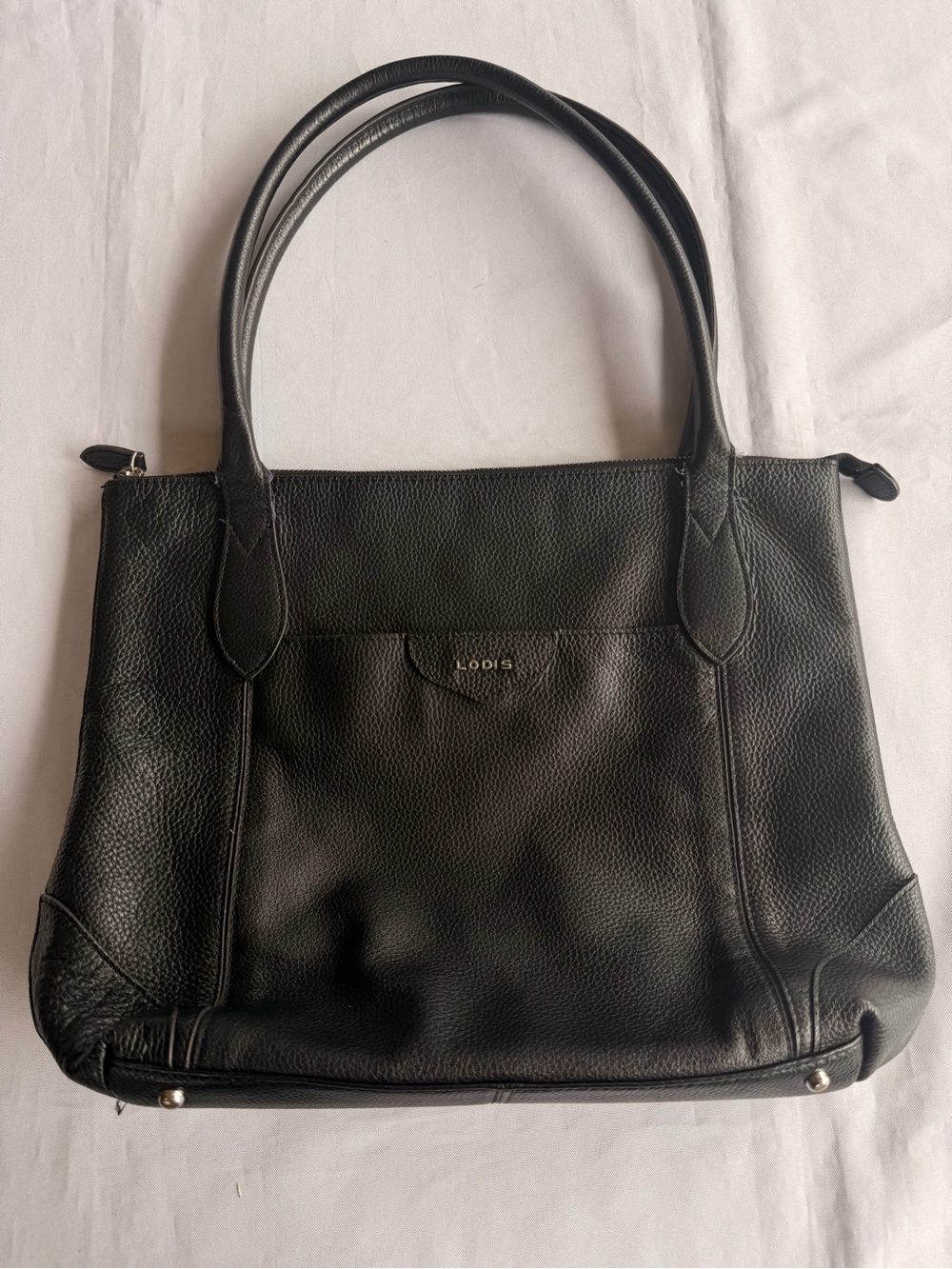 Lodis Siera Black Pebbled Leather Tote Bag Purse with Fun Interior